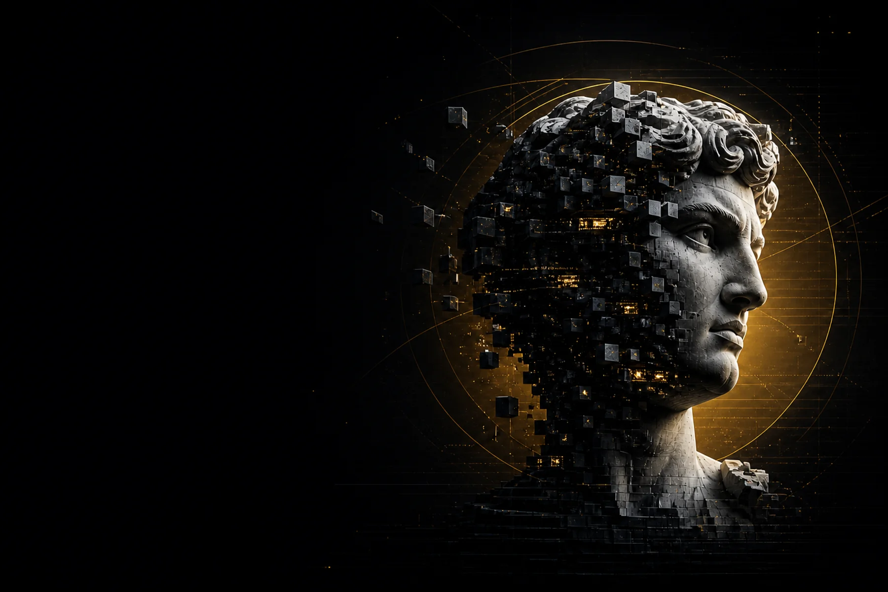 A classical marble head dissolving into glowing circuitry