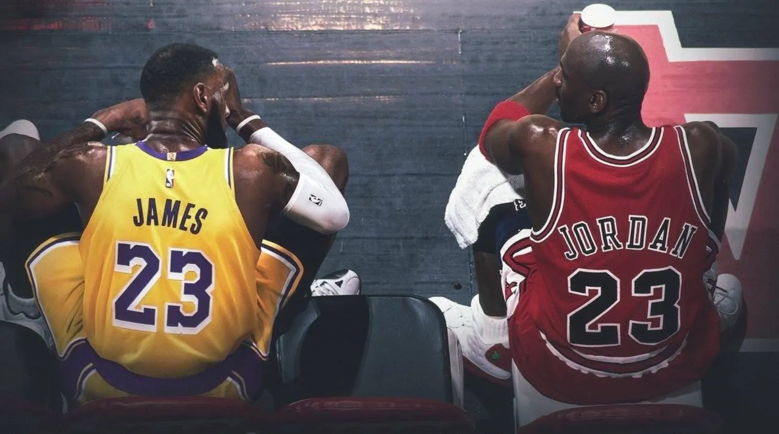 Jordan and LeBron side by side on the bench