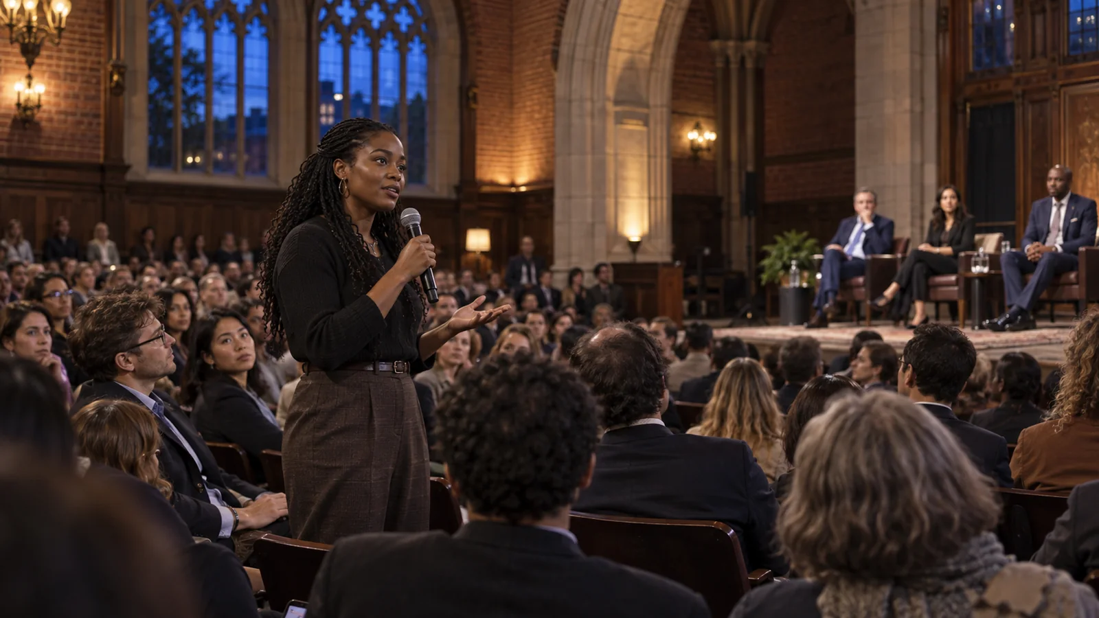 An audience member asking a question at a live debate