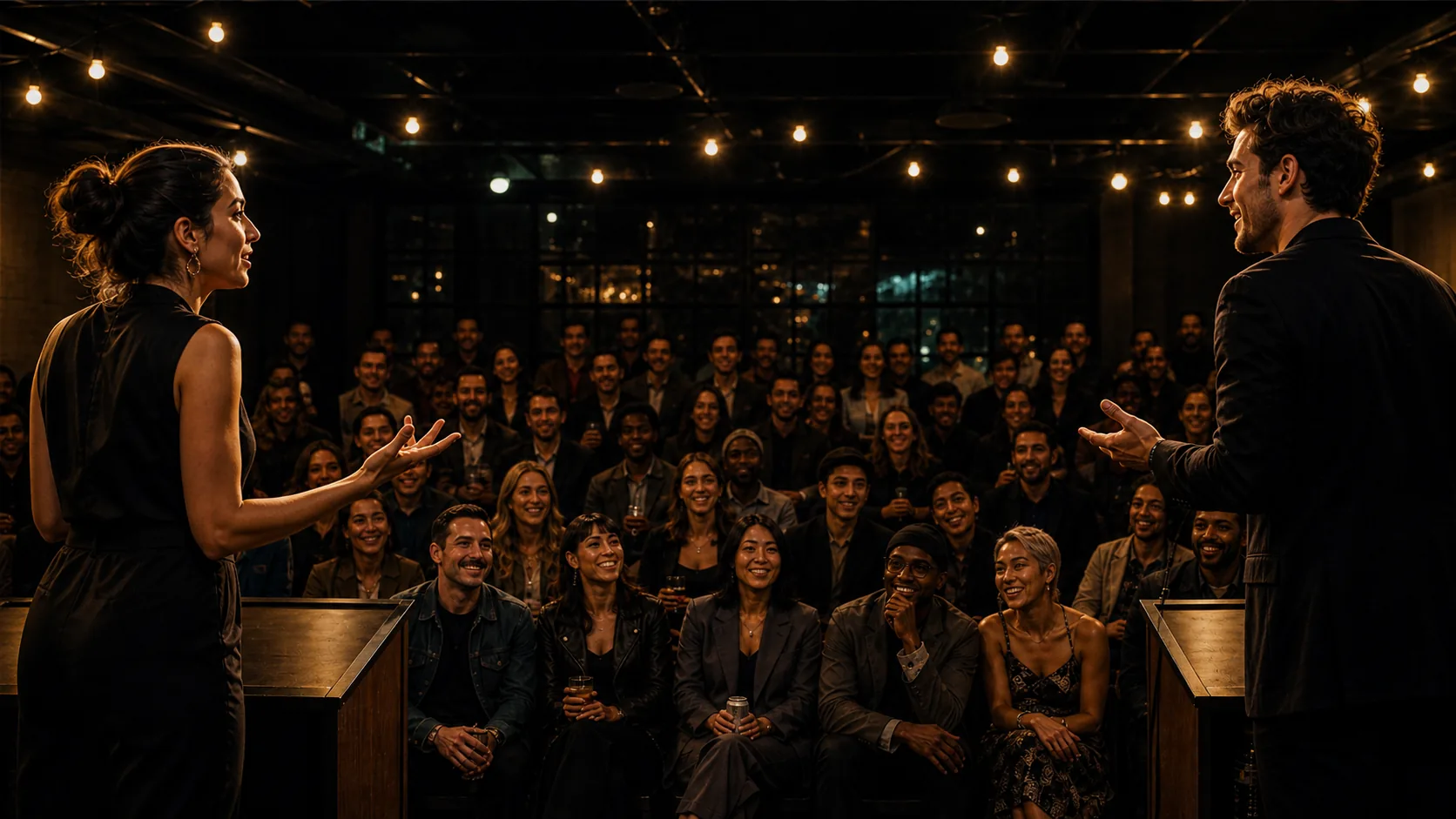 Two debaters at podiums facing a seated audience in a warm string-light venue