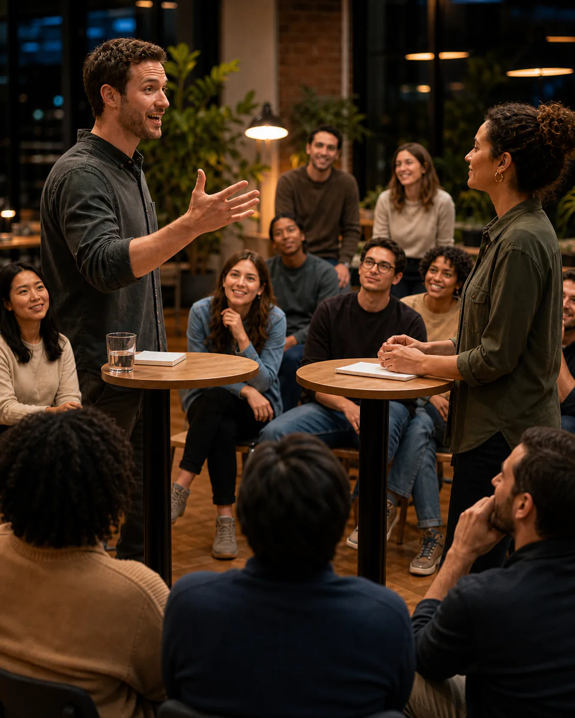 Two speakers debate in a lively coworking space as an engaged audience reacts
