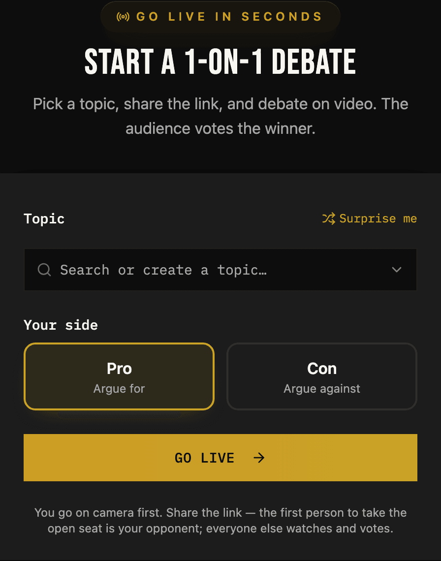 The SuperDebate go-live screen: pick a topic, choose your side, and go live on video.