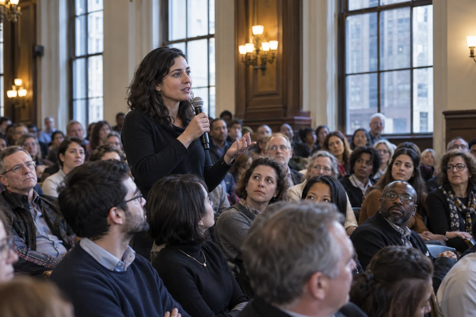 Illustration of an audience member asking a question at a live debate