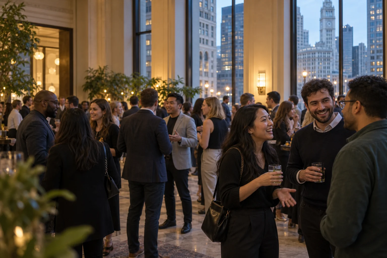 Illustration of guests talking at a Chicago showcase reception