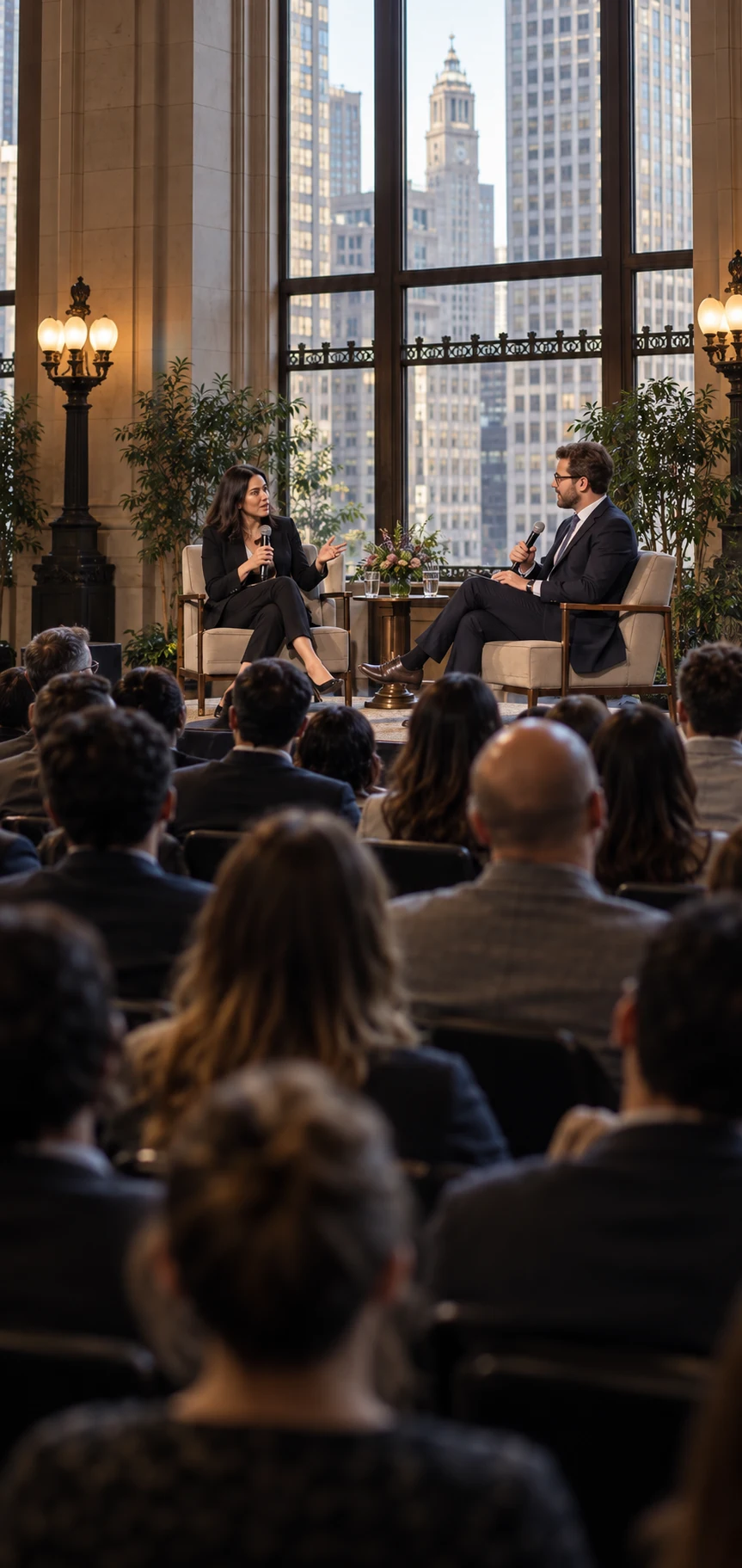 Two speakers debate on stage in front of a large, engaged audience