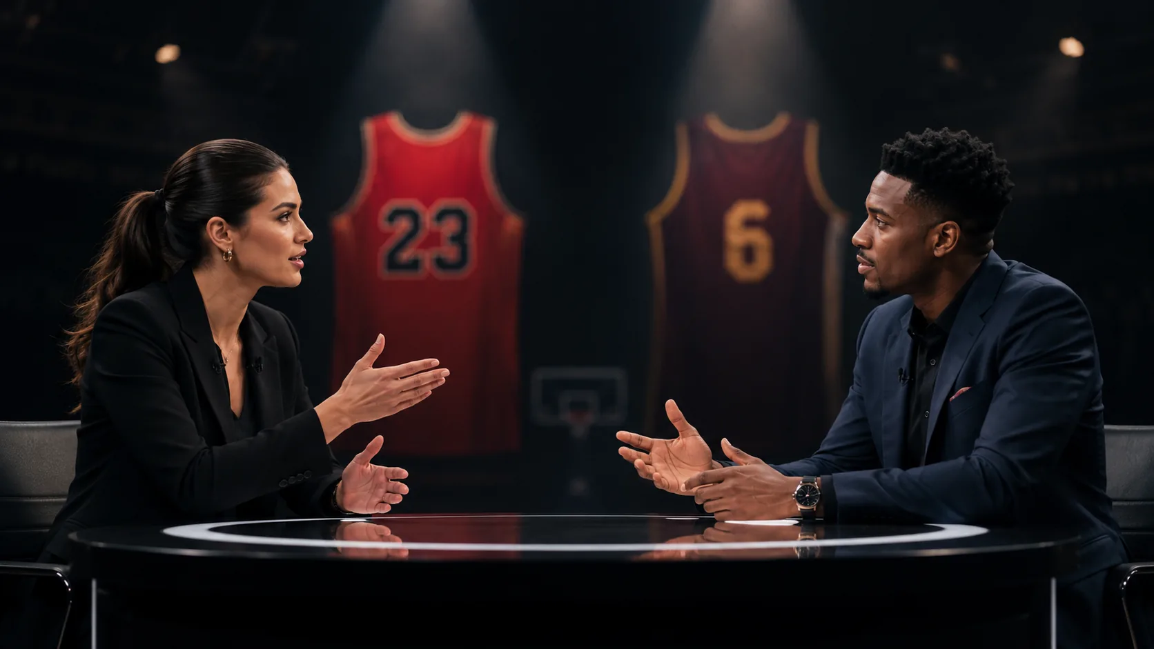 Two debaters facing off at a desk with Jordan and LeBron jerseys displayed behind them
