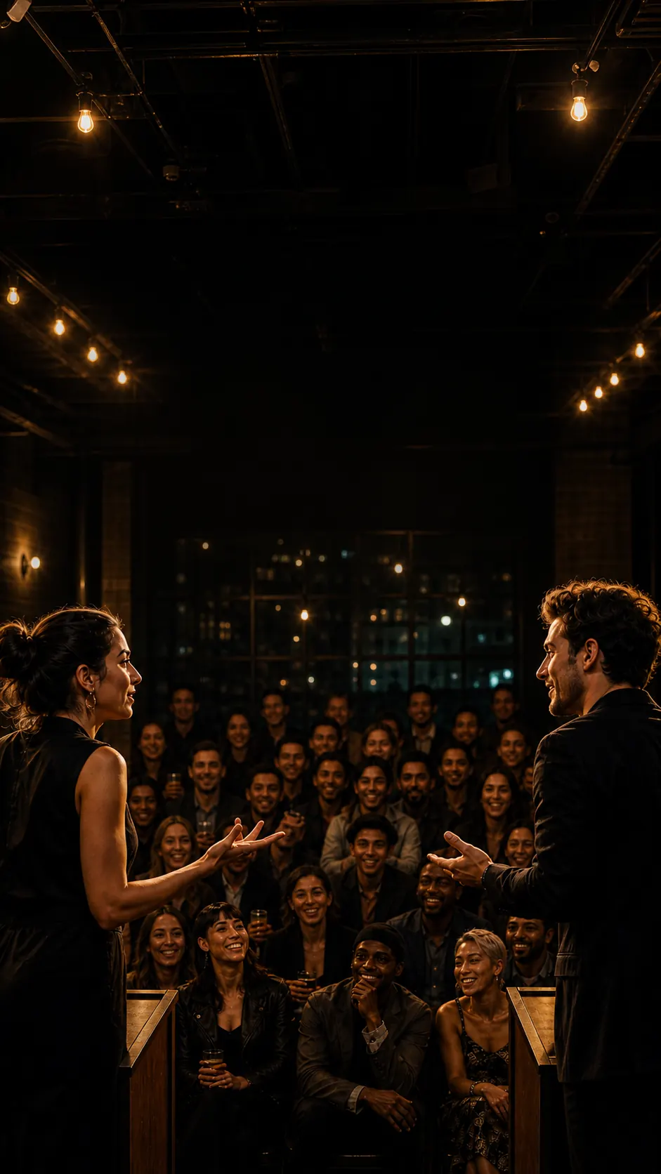 Two debaters facing off at podiums in front of a seated audience