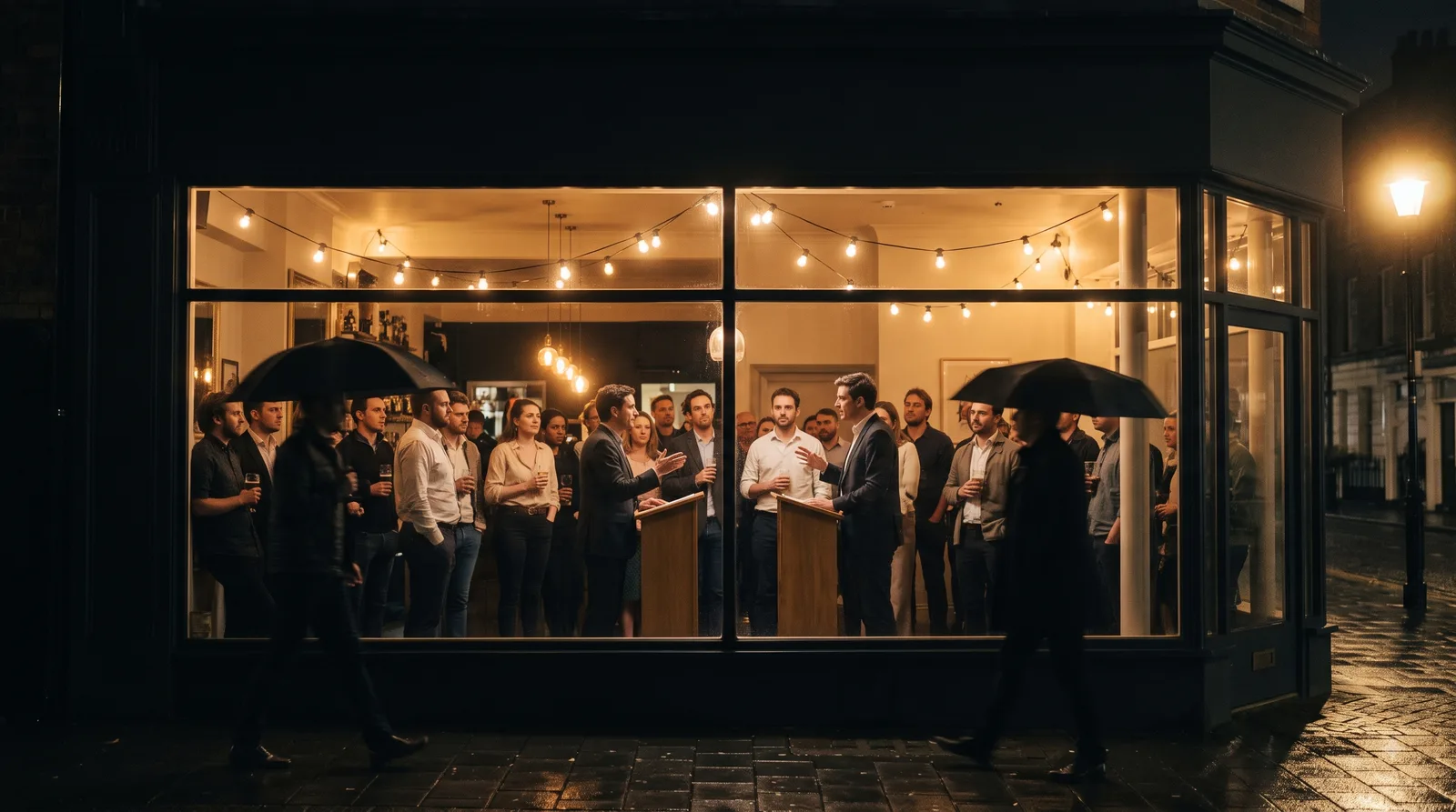 A lively debate night glowing through a shop window on a rainy street