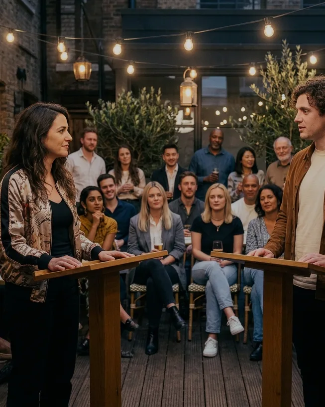 Two people debating at wooden podiums in a warm night courtyard, friends watching close by