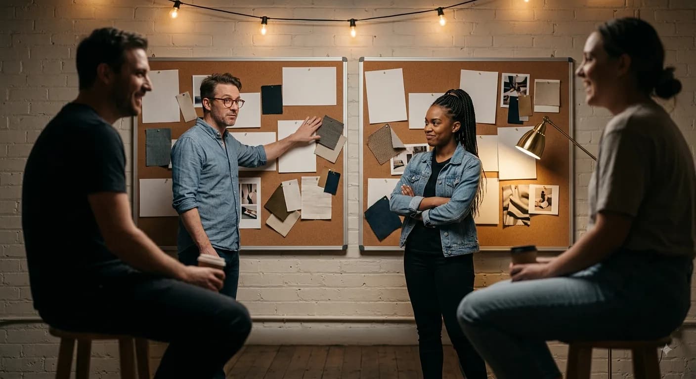 Two agency creatives at a work table, split over the direction