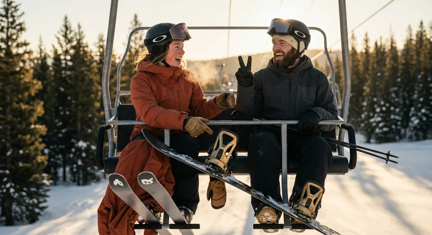Two snowboarders on a chairlift arguing about gear