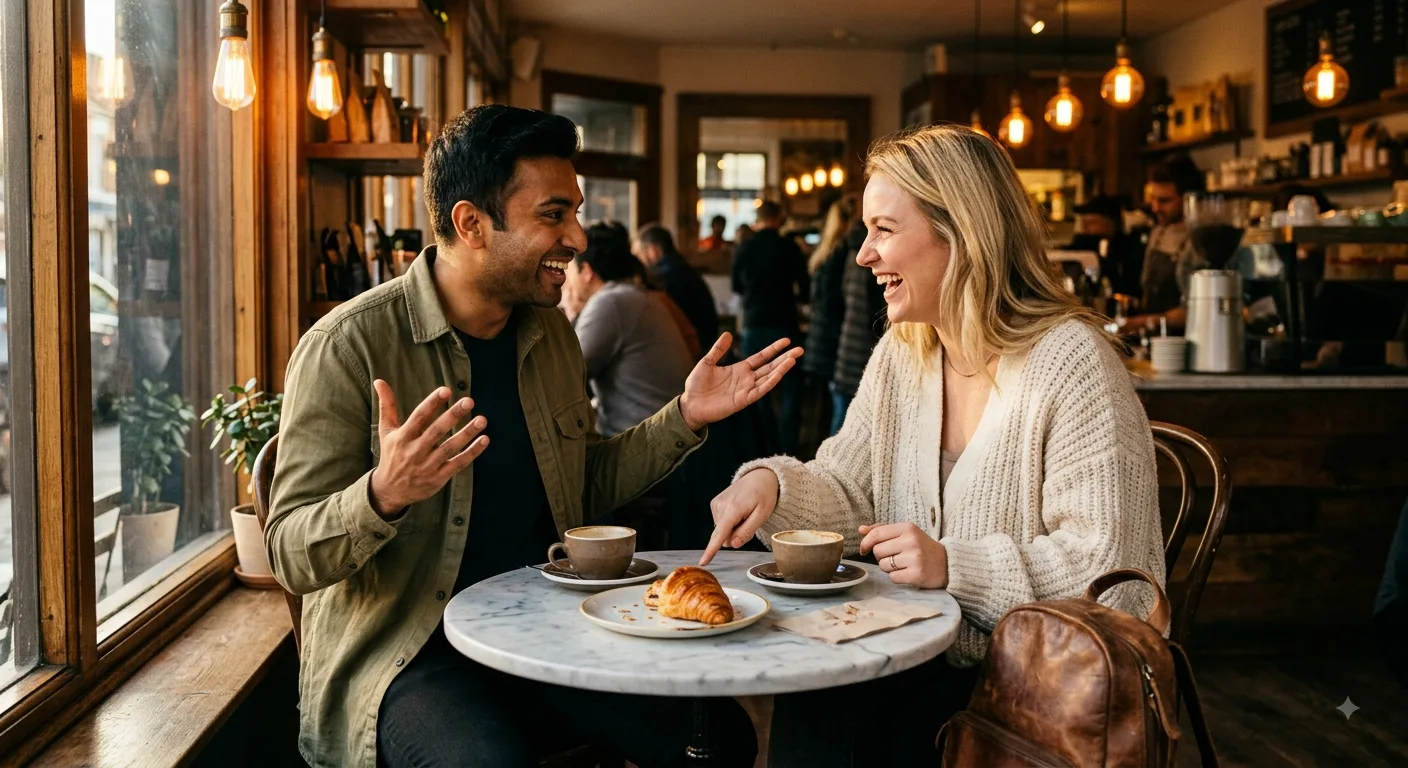 Two friends at a coffee shop window, grinning through an argument