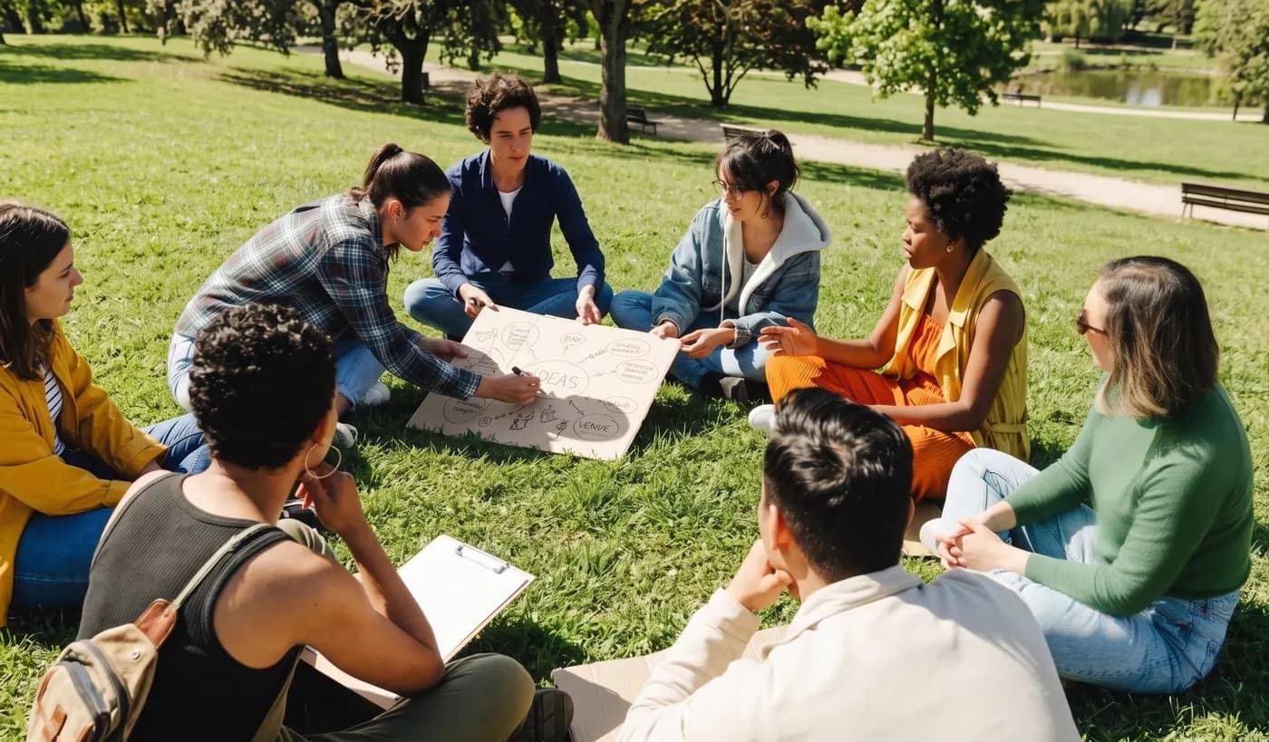 A group sitting in a circle on the grass, sketching out an event plan