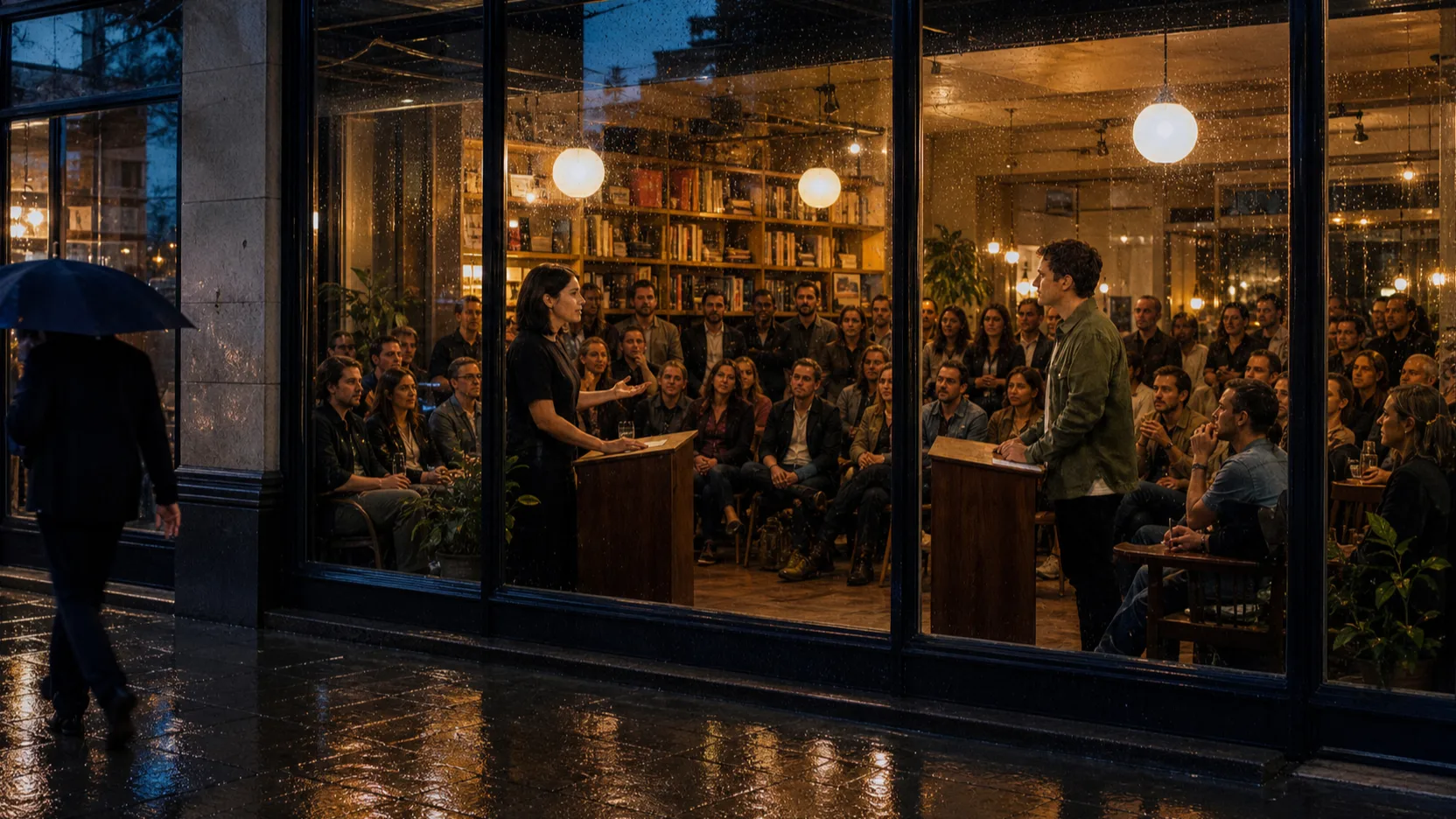 A lively local debate club meeting at night