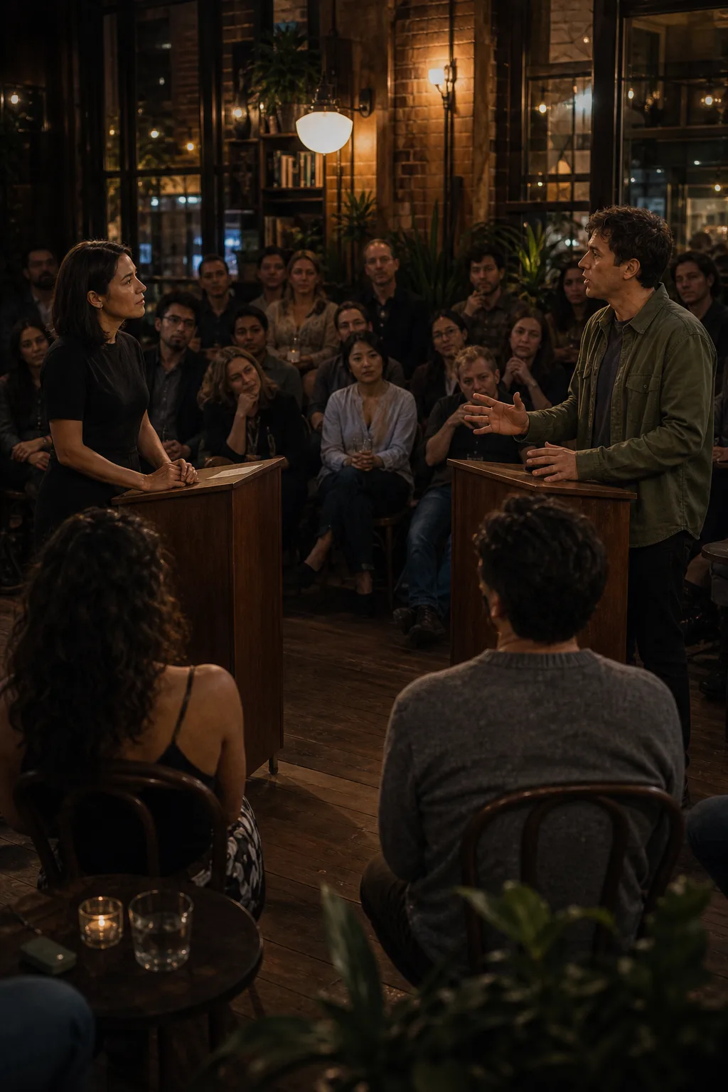 Two speakers exchanging arguments at podiums in an intimate debate room