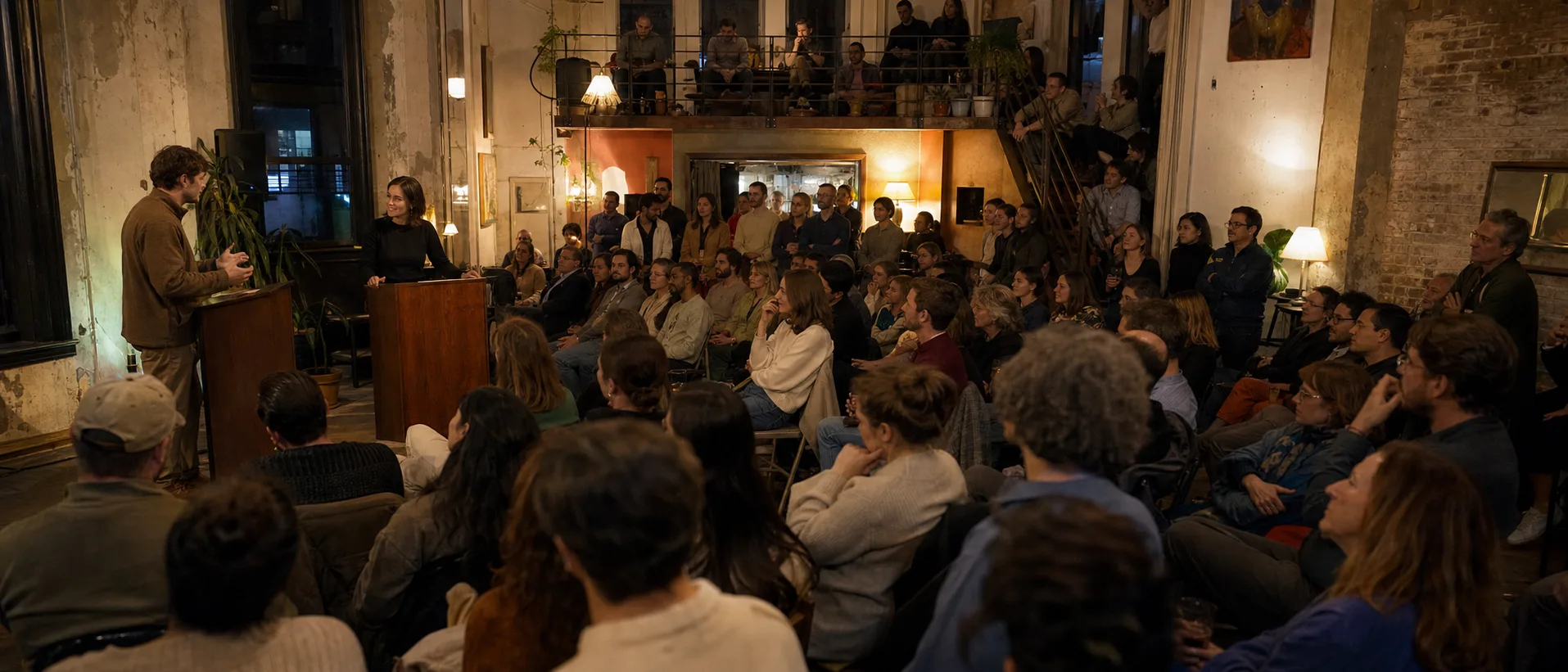 A packed debate room with two speakers at podiums and an attentive audience