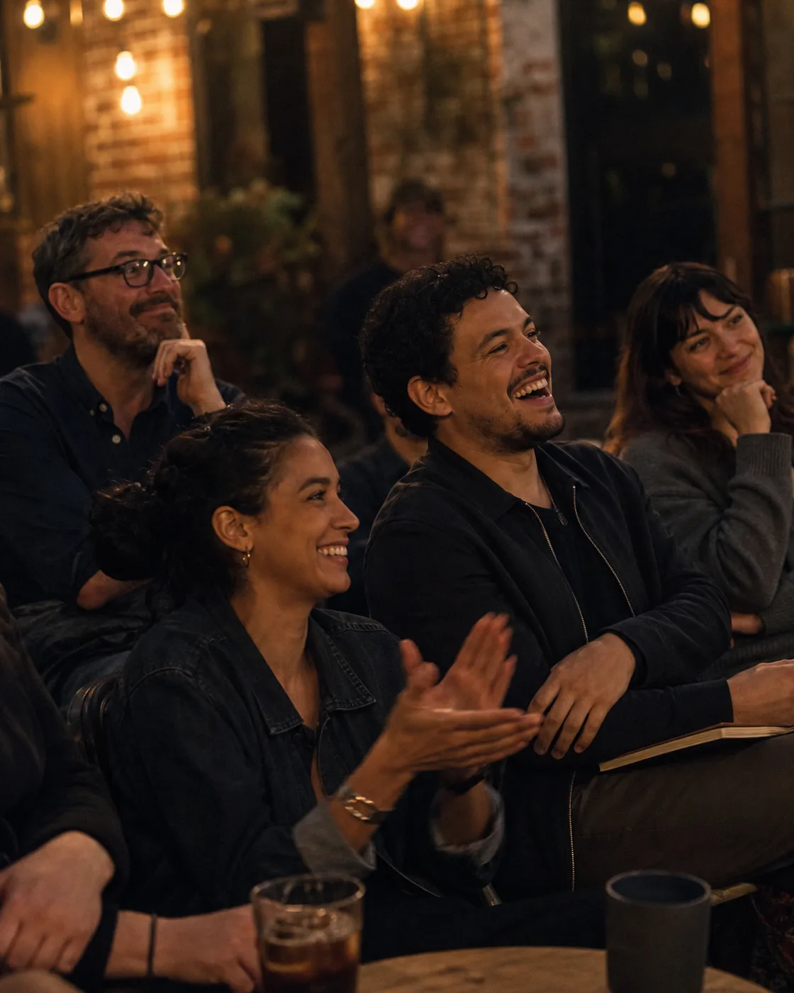 Adults enjoying a lively debate club gathering