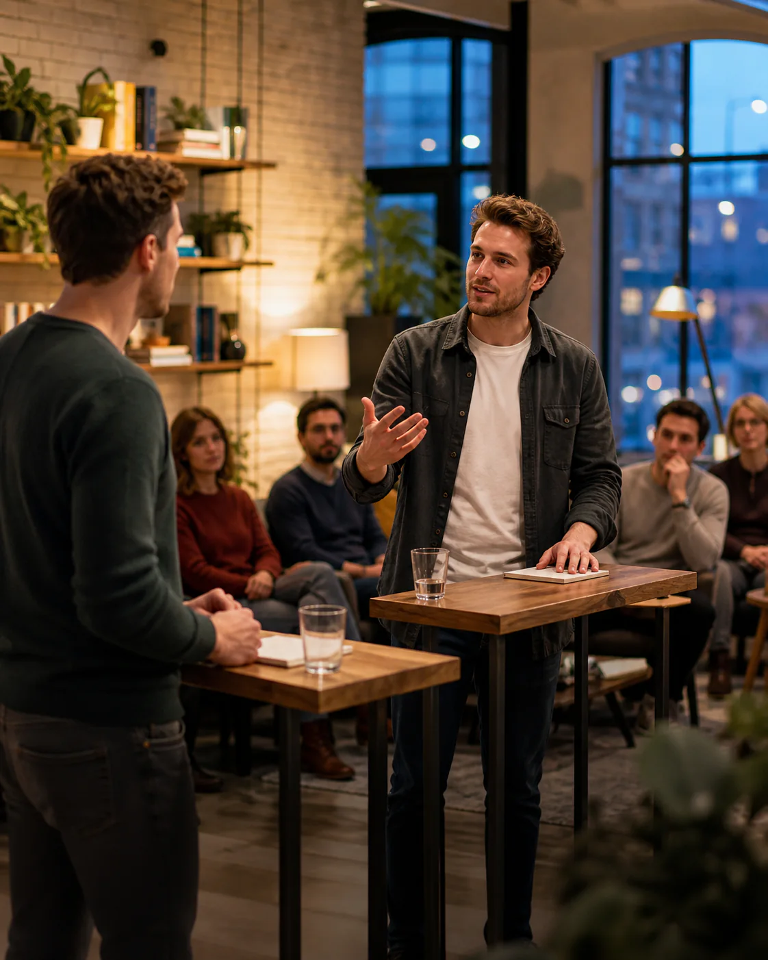 Two speakers exchanging arguments during a friendly debate in a modern coworking space