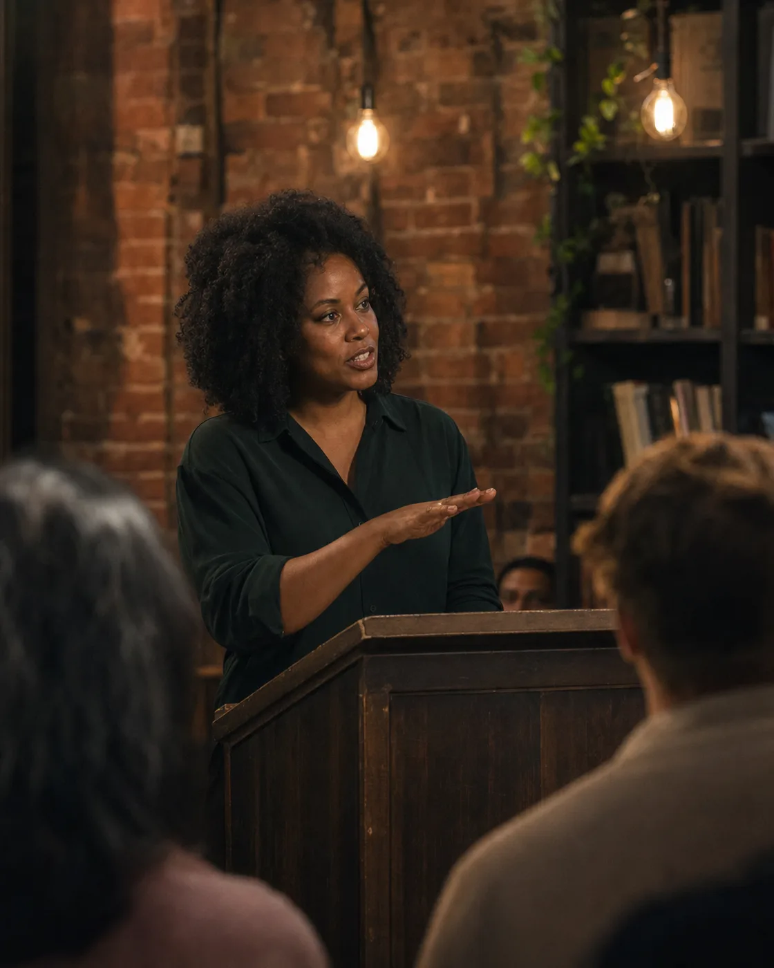 A speaker making her case from a podium